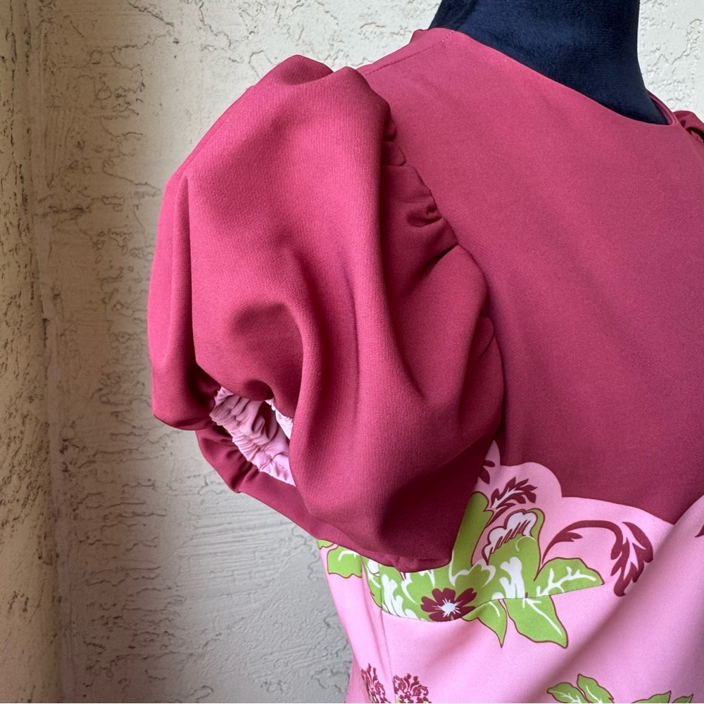 Mestiza New York Perla Flamingo Flourish Midi Dress Sz 8 Crew Neck Puff Sleeve - Picture 9 of 15
